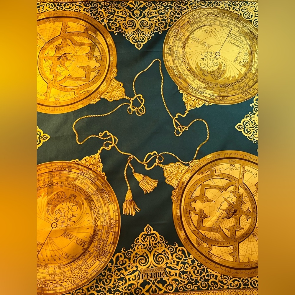 Vintage Gianfranco Ferre Silk Scarf Golden Astronomy Calendar hand rolled 34x34 - Picture 7 of 10